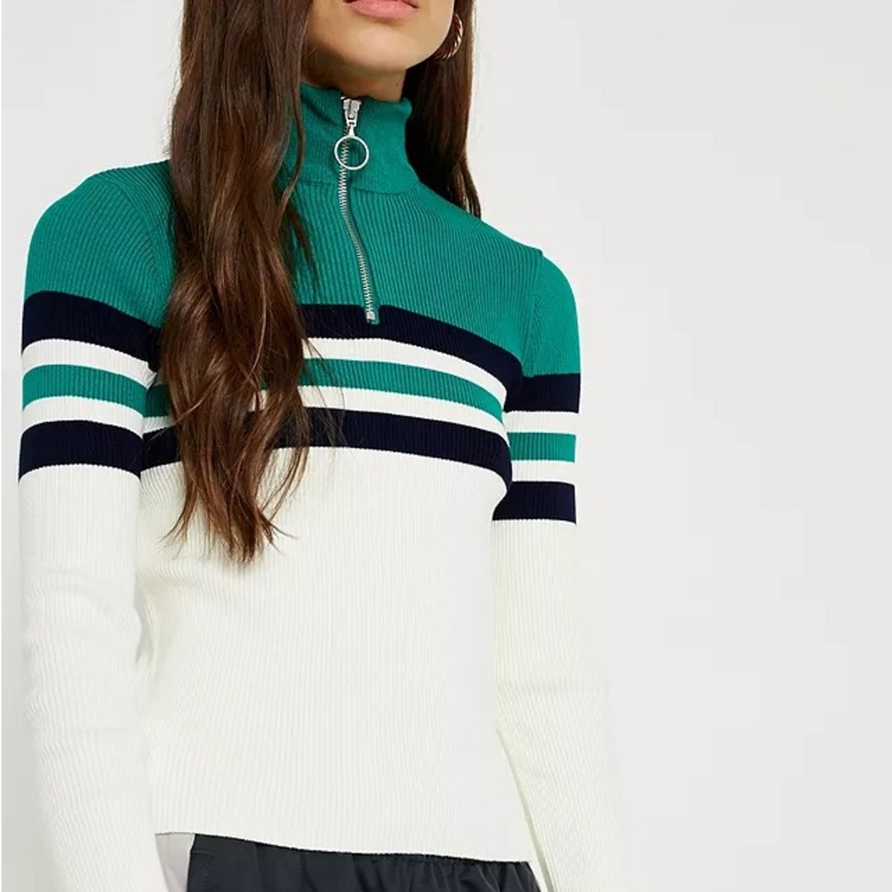 Garage Teal and White Striped Turtleneck Sweater